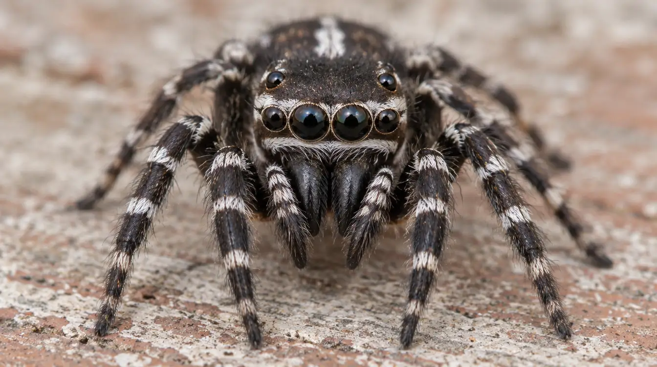 Close-up of a male zebra spider's face showing two large forward-facing eyes and long dark jaws