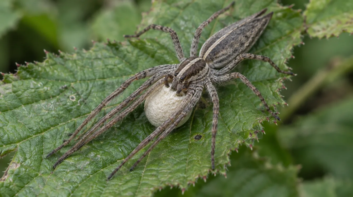 Female nursery web spider holding a round cream egg sac in her jaws on a leaf